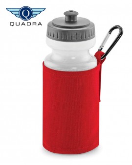 red water bottle and holder with printed name